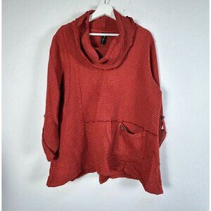 Focus Casual Life Womens Large Orange Waffle Knit Cowl Neck Pullover Top Pocket